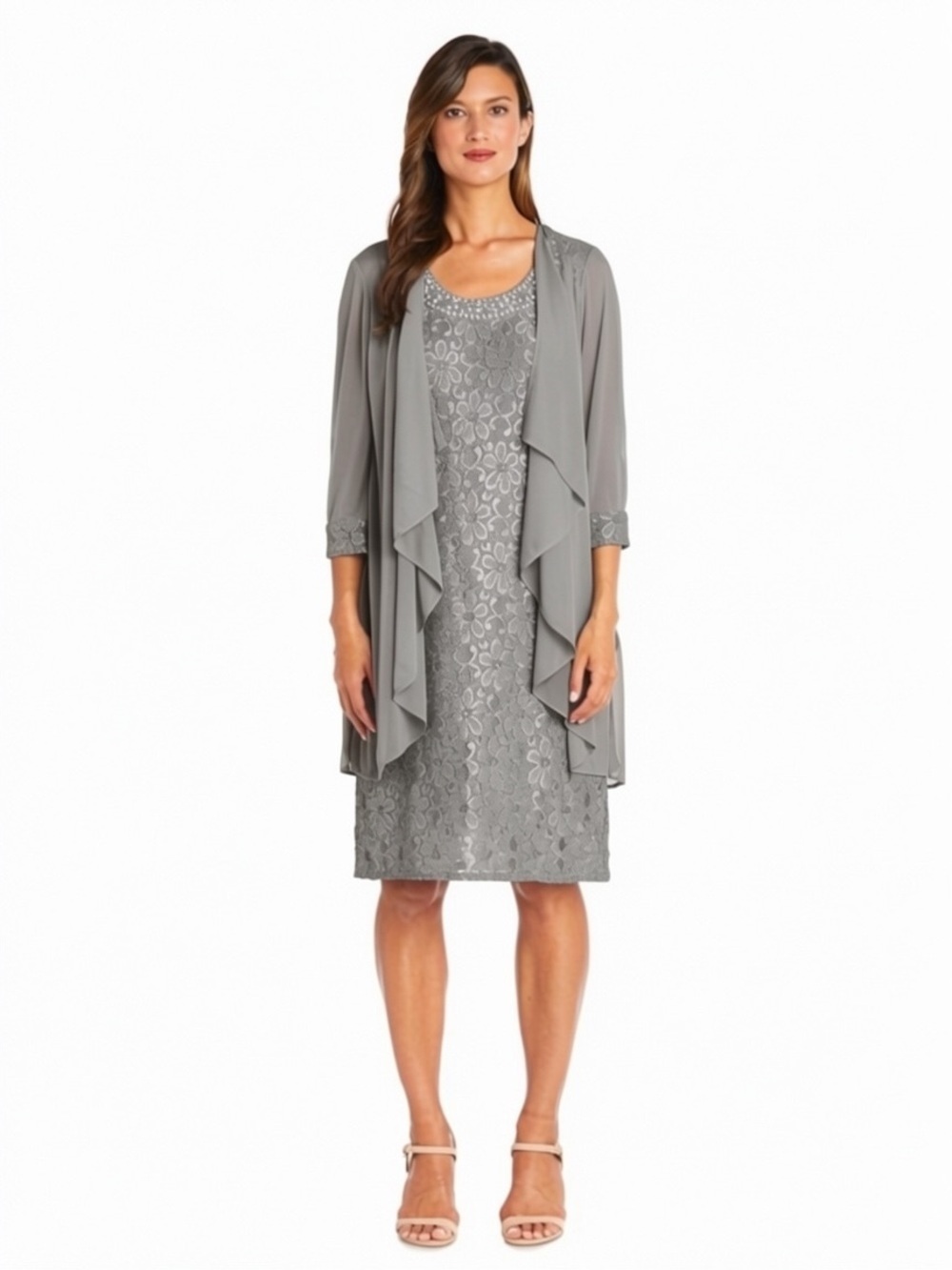 NWT New R&M Richards Beaded Dress And Flyaway Jacket Grey Set Size 10 Petite